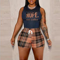 Clothing Khaki Plaid Printed Set Nope Sleeveless Tank Top Shorts Two Piece Set