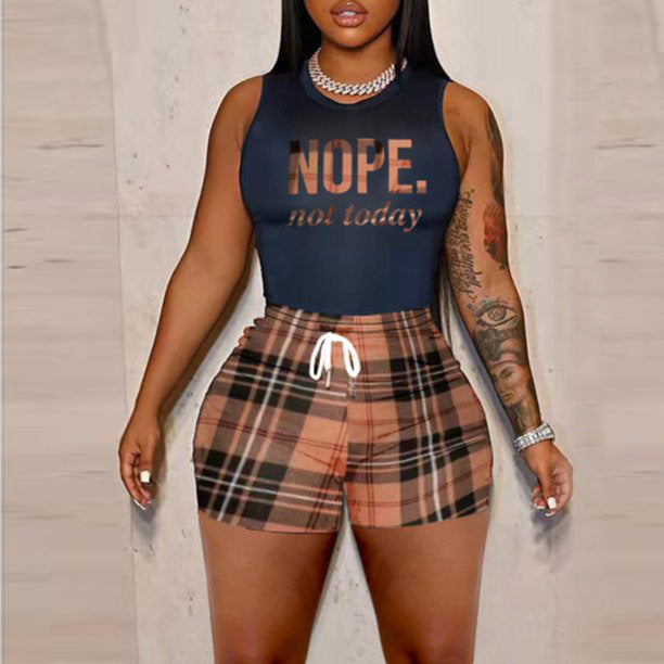 Clothing Khaki Plaid Printed Set Nope Sleeveless Tank Top Shorts Two Piece Set