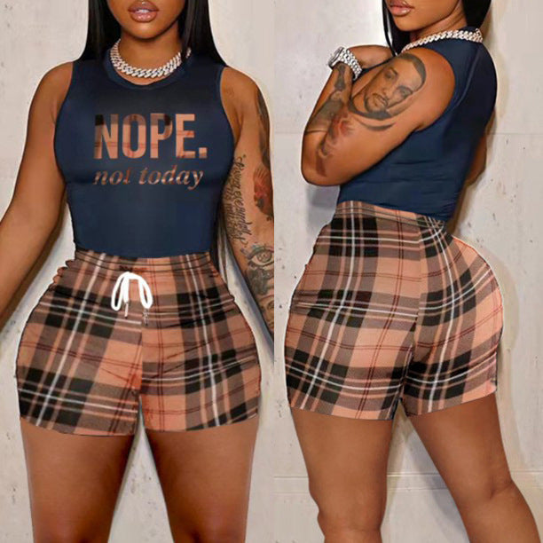 Clothing Khaki Plaid Printed Set Nope Sleeveless Tank Top Shorts Two Piece Set