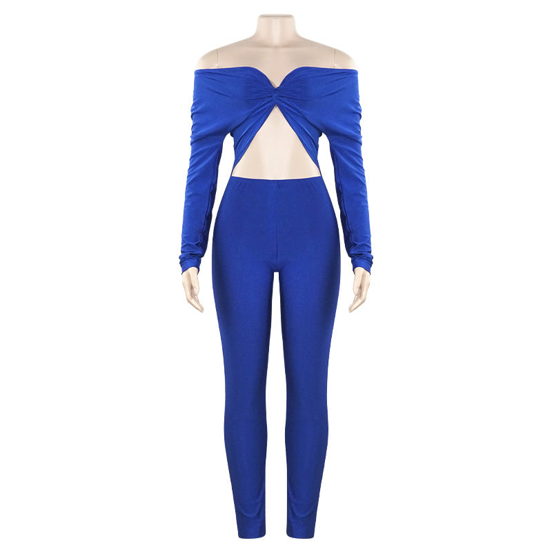 Autumn Color V Neck Twist Hollow Out Cutout Cropped High Waist Long Sleeve Jumpsuit
