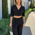 Summer Straight Pants Suit Color Pleated Short Sleeve V Neck Lace Up Top Trousers Two Piece Set