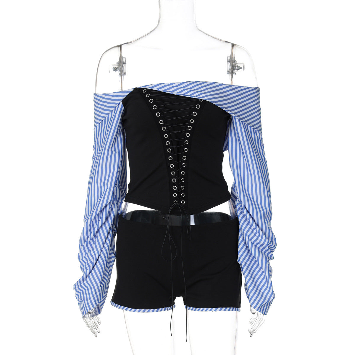Off Neck Striped Shirt Irregular Asymmetric With Personality Stitching Corns Tied Top Shorts Two Piece Set