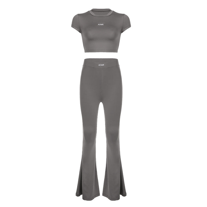 Sports Basic Pullover Cropped Short Sleeve Top High Waist Flared Pants Yoga Two Piece Set