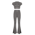 Sports Basic Pullover Cropped Short Sleeve Top High Waist Flared Pants Yoga Two Piece Set