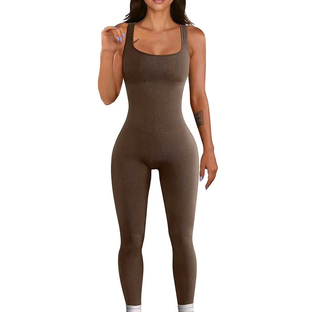 Summer Yoga Jumpsuit Ribbed Square Collar Sleeveless Sports Jumpsuit Trousers