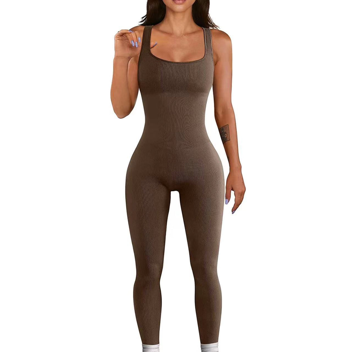 Summer Yoga Jumpsuit Ribbed Square Collar Sleeveless Sports Jumpsuit Trousers