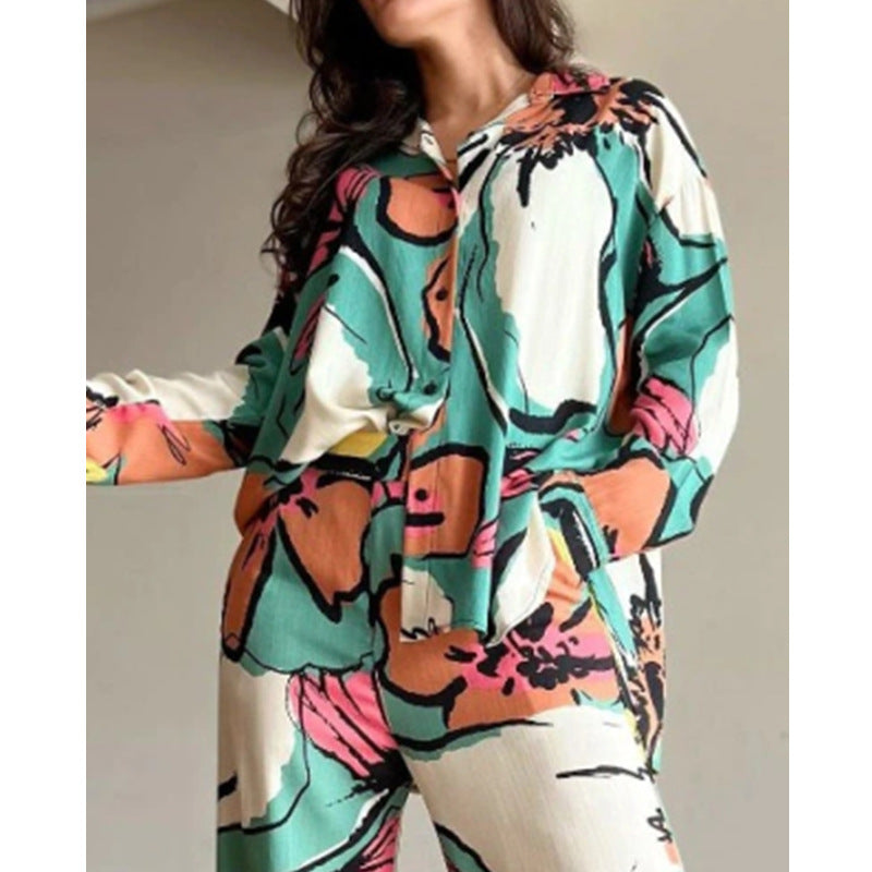 Clothing Printed Office Shirt High Waist Wide Leg Pants Set