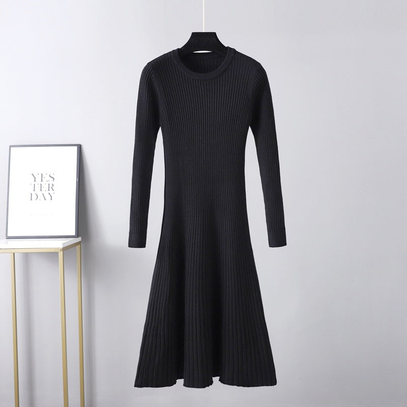 Fall Winter Slim Dress Mid Length Dress Round Neck Color Inner Wear Base Sweater Dress a Line Dress