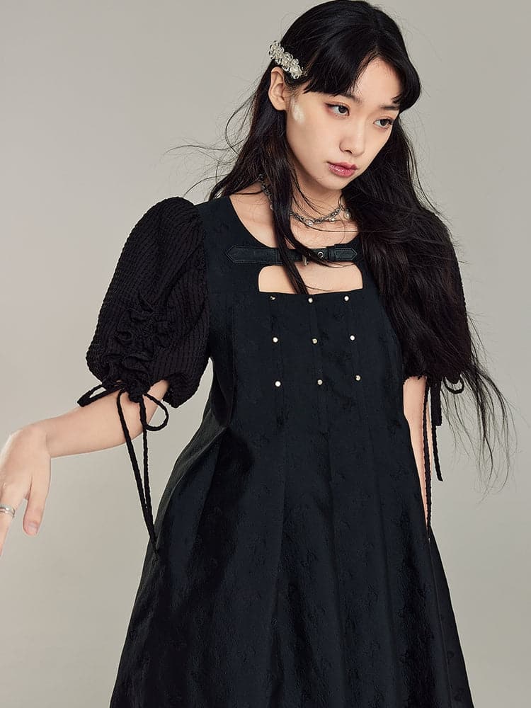 Black Leather Rivet Buckle Dress