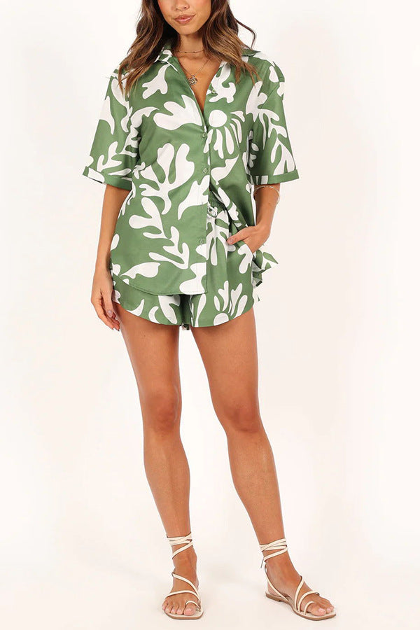 Clothing Polo Collar Printed Short Top Shorts Set