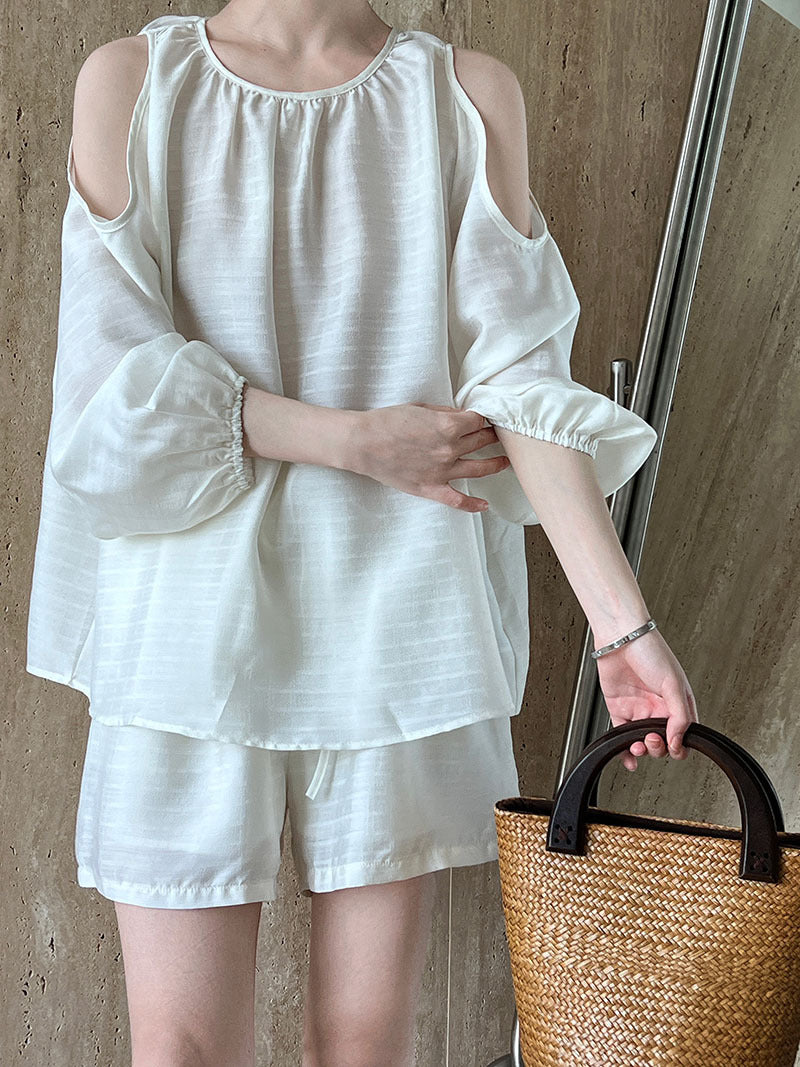 Texture Hollow Out Cutout Out Shoulder Baring Sun Protection Tencel Top Shorts Two Piece Set Suit Summer