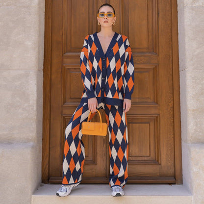 Geometric Abstract Rhombus Knitted Cardigan Autumn Winter Single Breasted Loose Sweater Two Piece Pants