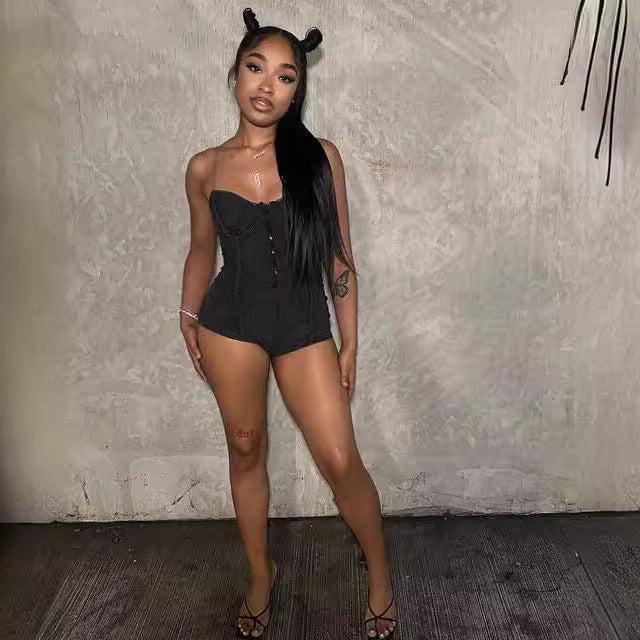 Tube Top See Through Bra Straps Distressed Rib Jumpsuit Personality Suspender Shorts