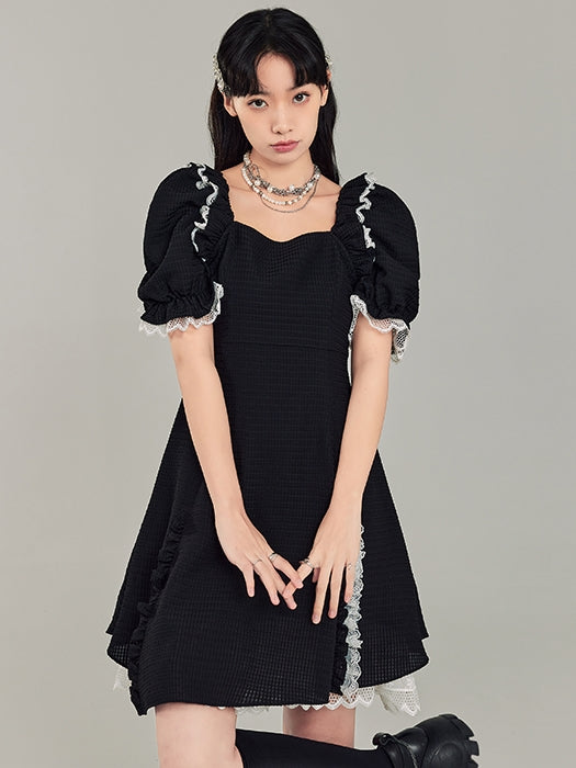 Puff Sleeve Black Square Neck Dress