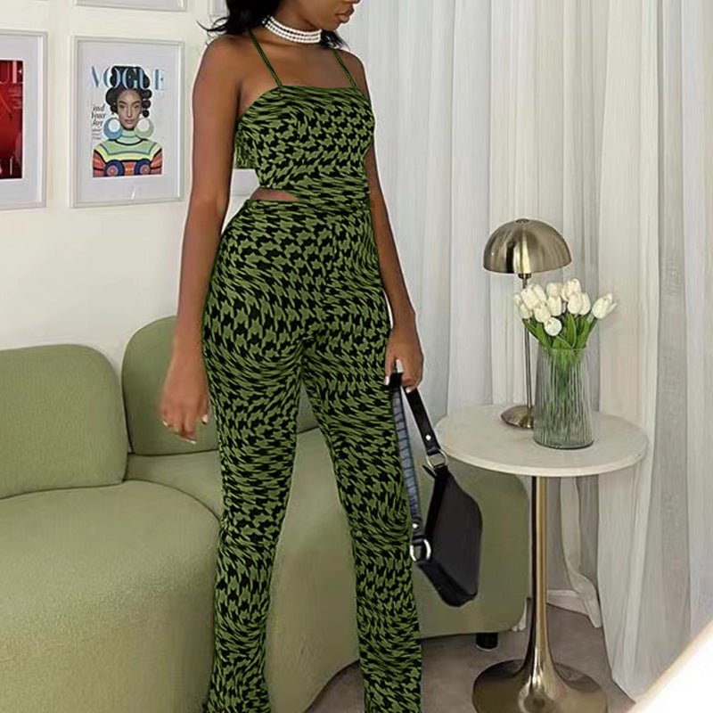 Suit Green Printing Vest Wide Leg Pants Two Piece Suit