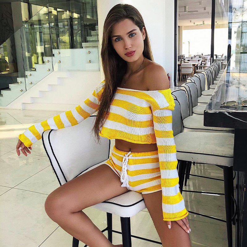 Knitted Striped Shorts Set Autumn Winter Long Sleeved Short Top Cropped Two Piece Set