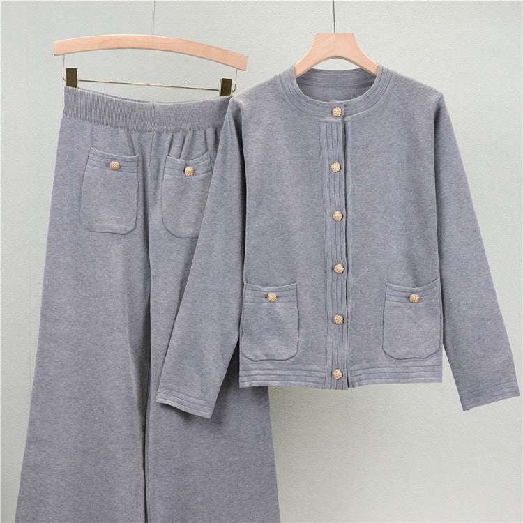 Grey – Cardigan Top & Wide-leg Pants Two Piece Set