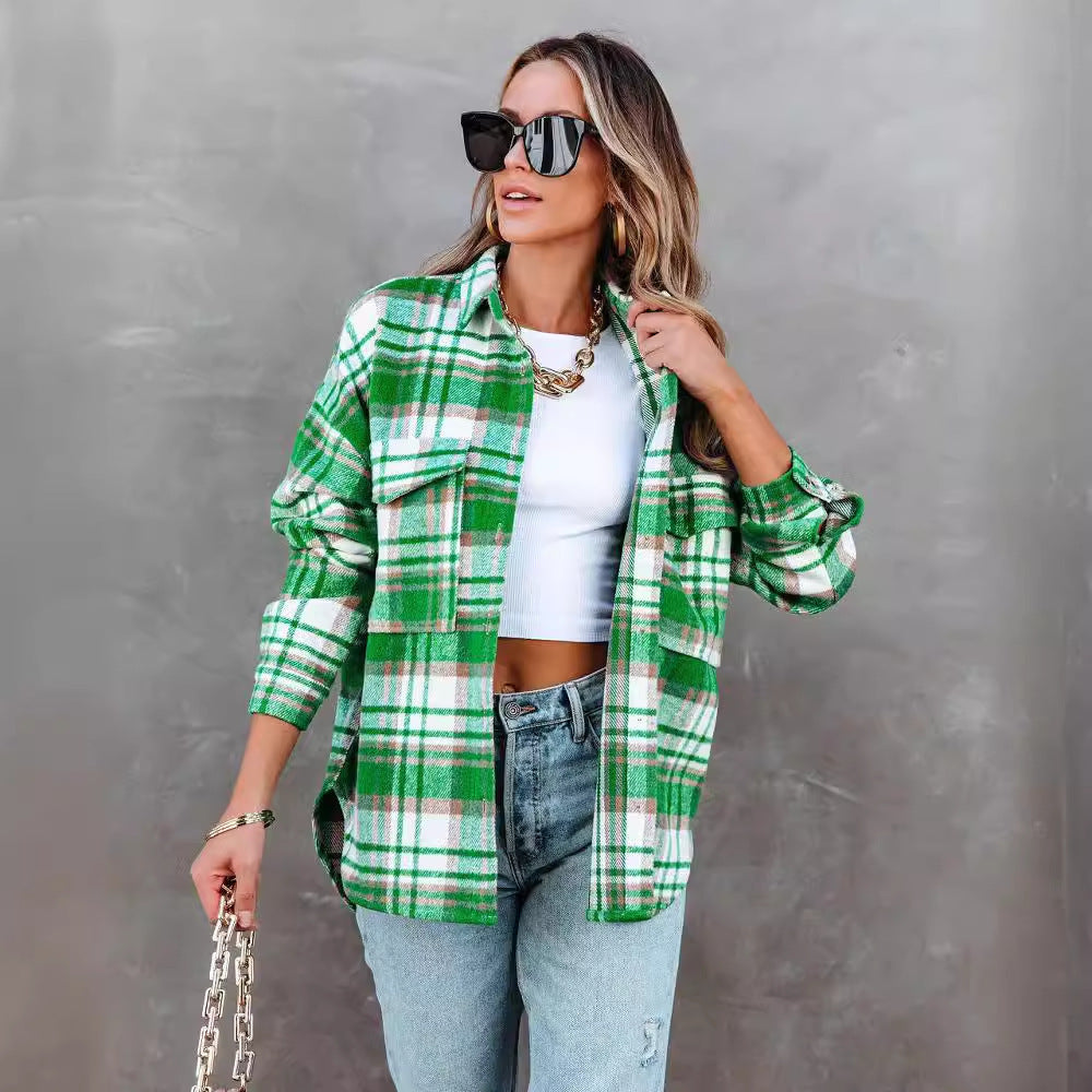 Plaid Cardigan Woolen Lapel Coat