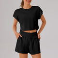 Color Round Neck Quick Dry Short Sleeved Top Faux Two Pieces Anti Exposure Shorts Loose Sports Yoga Fitness Set