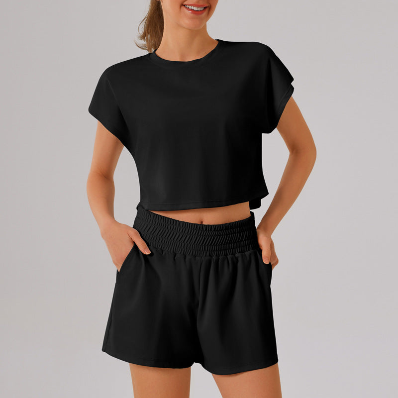 Color Round Neck Quick Dry Short Sleeved Top Faux Two Pieces Anti Exposure Shorts Loose Sports Yoga Fitness Set