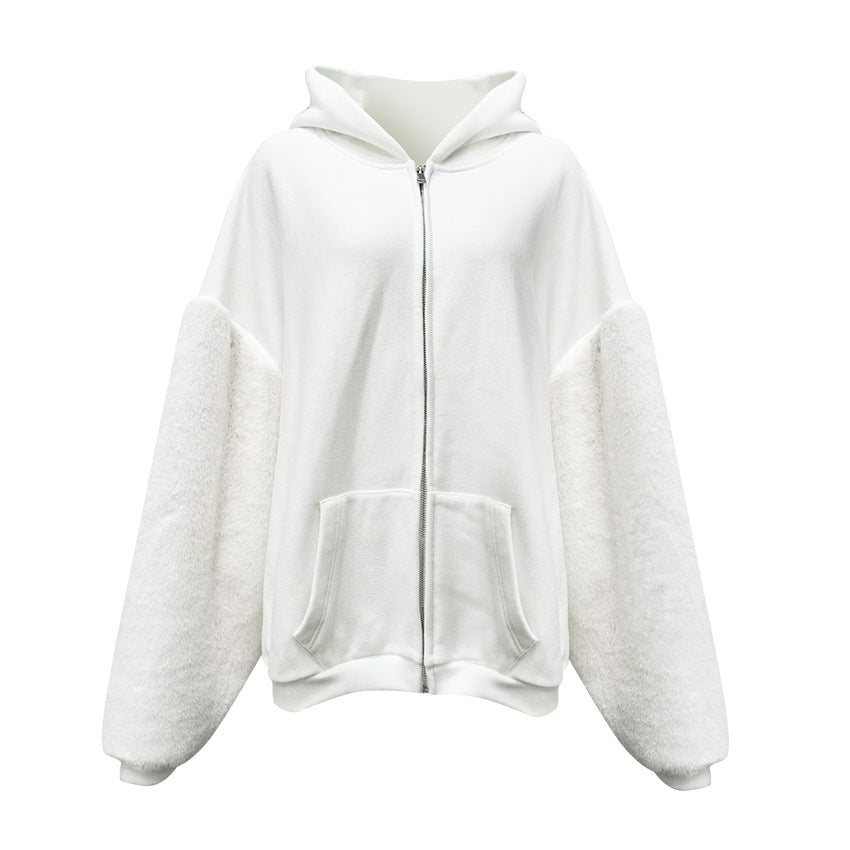 Winter Hooded Fleece Lined Furry Sleeves Sweatshirt Idle Loose Sleeve Length Cardigan Outerwear Top