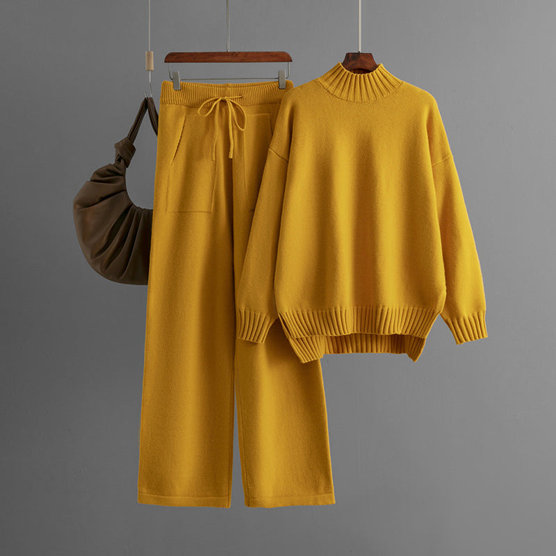 Cold Proof Knitted Suit Thick Loose Sweater Half High Collar Long Sleeves Two Piece Suit