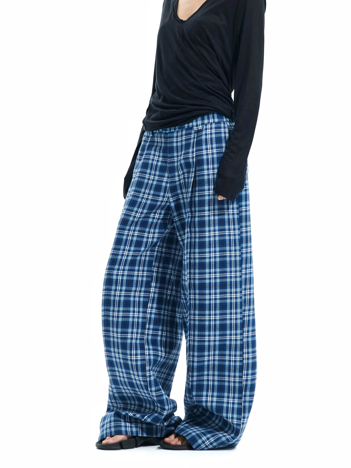 Wide-leg Plaid Pants