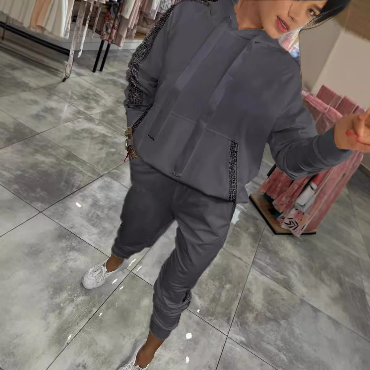 Sequin Pocket Sports Hooded Sweatshirt Sweatpants Suit