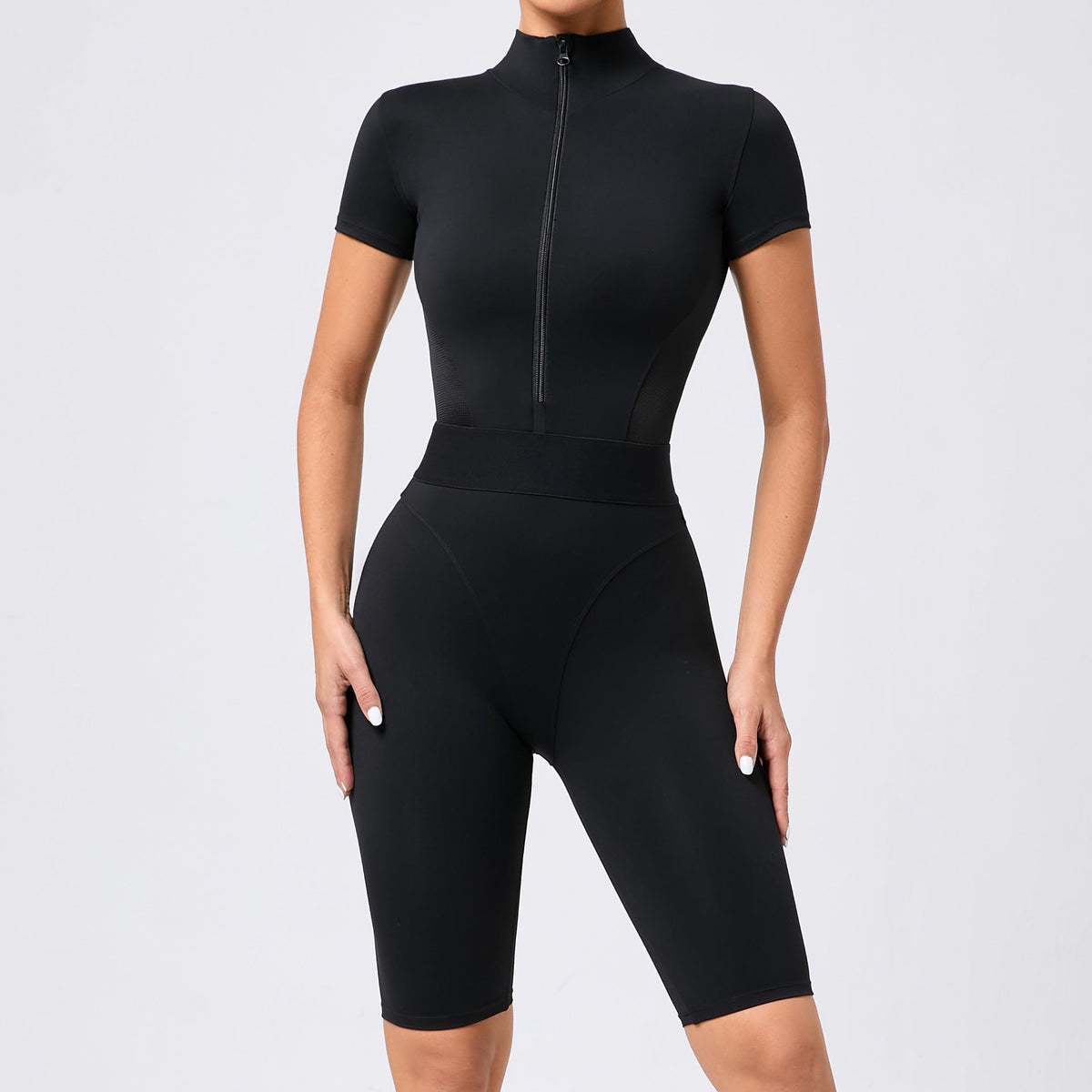Tight Waist Open Collar Zipper Short Sleeve Yoga Jumpsuit Patchwork Fitness Tight Sports Jumpsuit