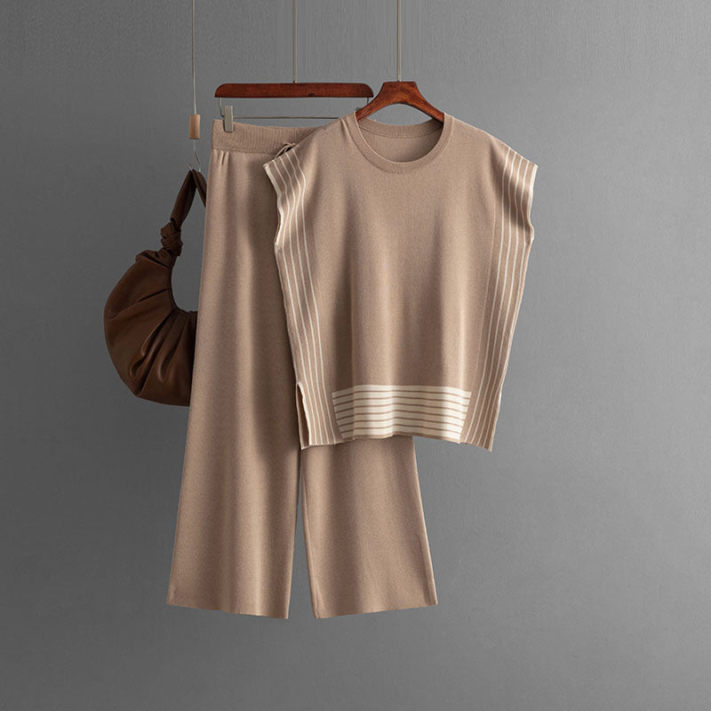 Suit Striped Patchwork Round Neck Loose Two Piece Dress of Knitted Sweater High Waist Straight Wide Leg Pants
