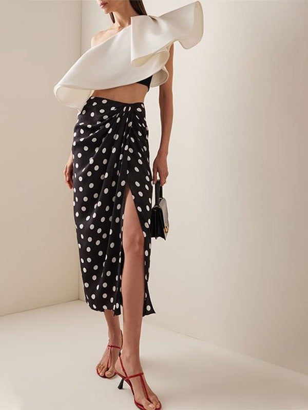 Asymmetric Ruffle Bikini Top With Shorts & Polka Dot Swimsuit Skirt Set
