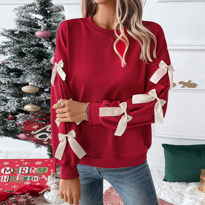 Autumn Winter Top Round Neck Bowknot Red Christmas Sweatshirt for