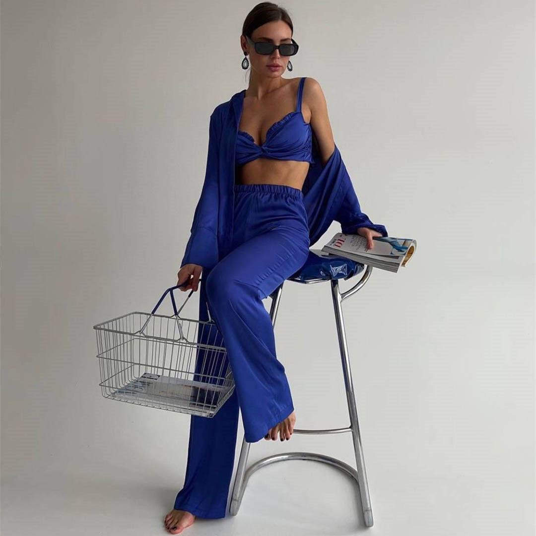 Spring Autumn Satin Three Piece Set Clothing Satin Wrapped Chest Vest Shirt Pants Set