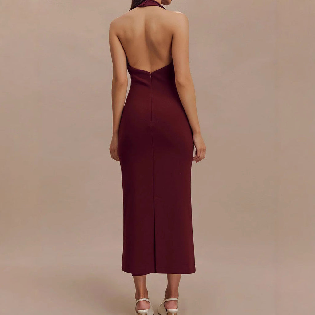 Clothing Backless V Neck Midi Dress Skinny Sheath Split Halter Dress