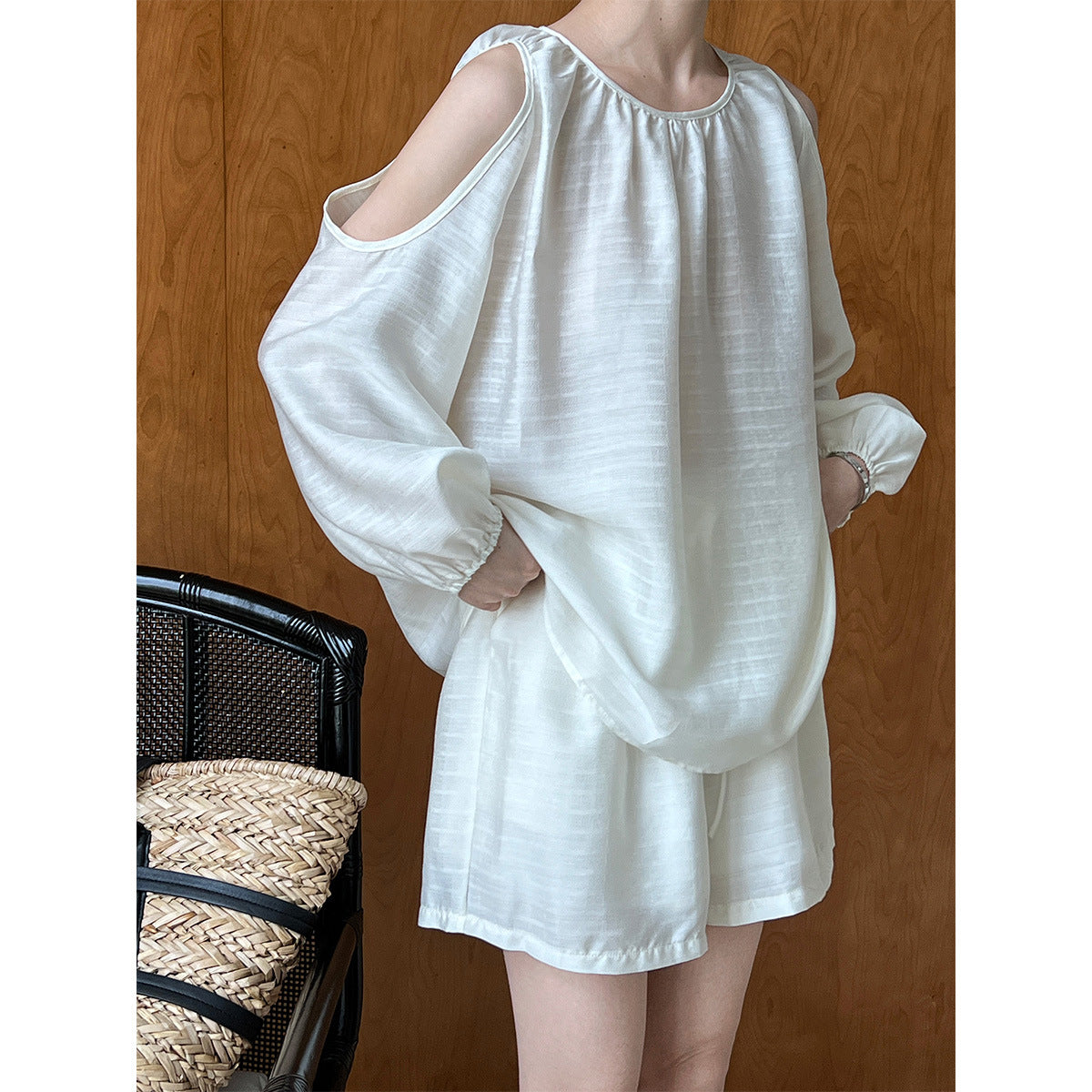 Texture Hollow Out Cutout Out Shoulder Baring Sun Protection Tencel Top Shorts Two Piece Set Suit Summer