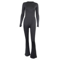 Round Neck Long Sleeve Jumpsuit Slim Fit Backless Outer Wear Base One Piece Trousers Hip Raise High Waist Bell Bottom Pants