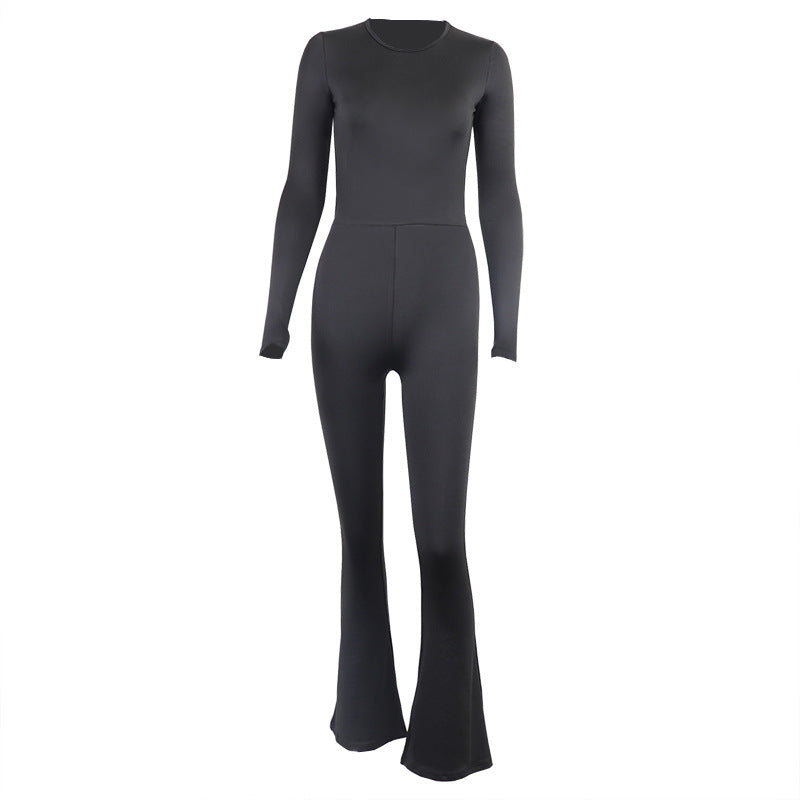 Round Neck Long Sleeve Jumpsuit Slim Fit Backless Outer Wear Base One Piece Trousers Hip Raise High Waist Bell Bottom Pants
