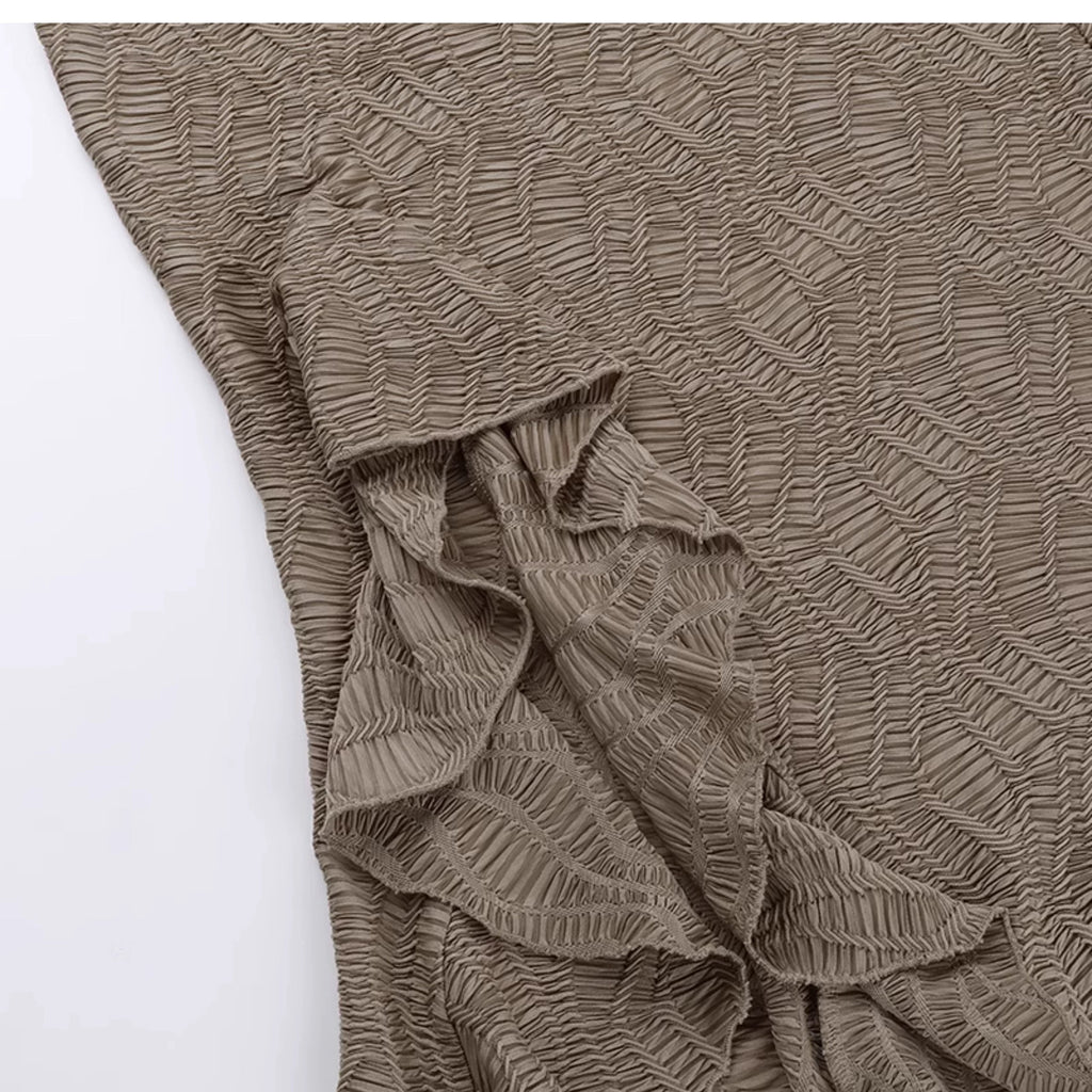 Wannathis Avant-garde Hooded Maxi Dress - Taupe Cold Shoulder Gown With Ruffle Detail