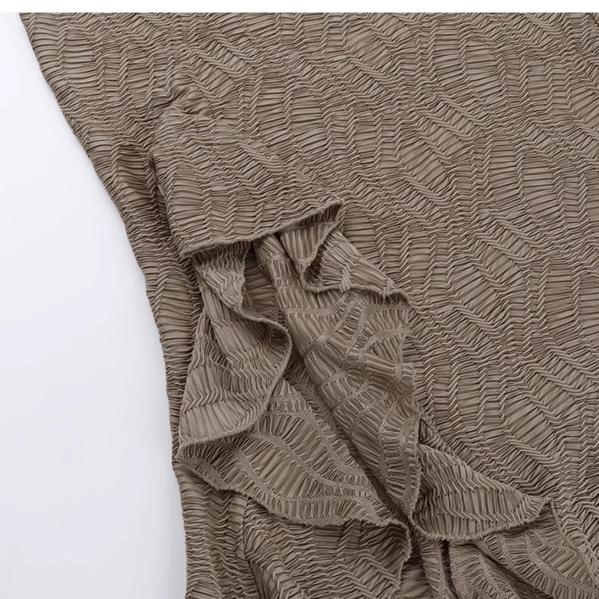 Wannathis Avant-garde Hooded Maxi Dress - Taupe Cold Shoulder Gown With Ruffle Detail