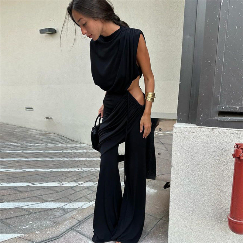 Autumn Winter Personalized Pleated Round Neck T Shirt Color Irregular Asymmetric Bootcut Pants Sets