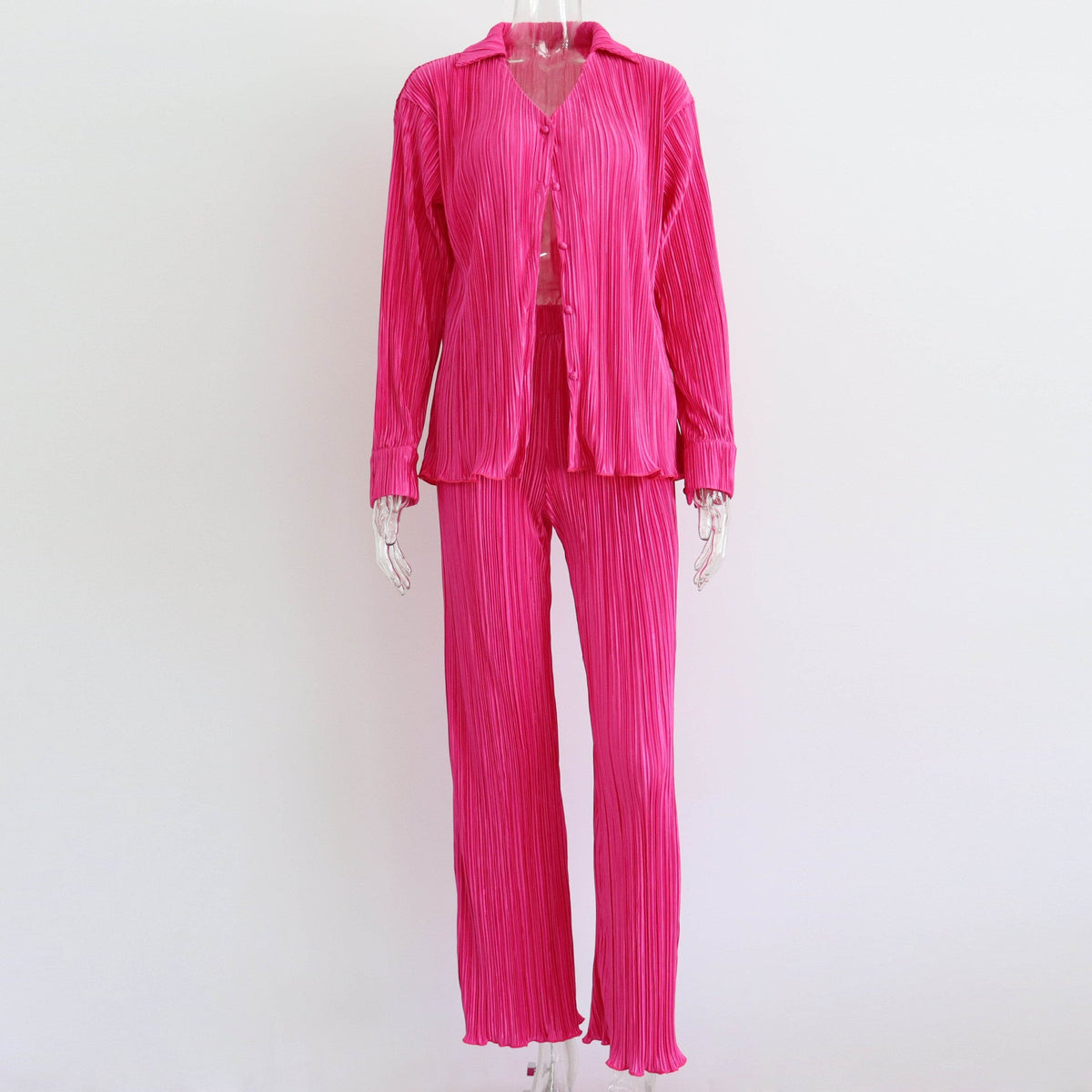 Summer Suit Clothing Pleated Long Sleeve V Neck Shirt Pants Two Piece Set