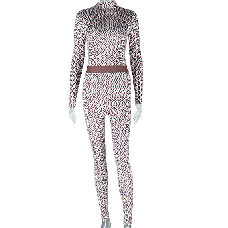 Clothing Printed Street Round Neck Long Sleeve Trousers Body Pants Fitness Jumpsuit
