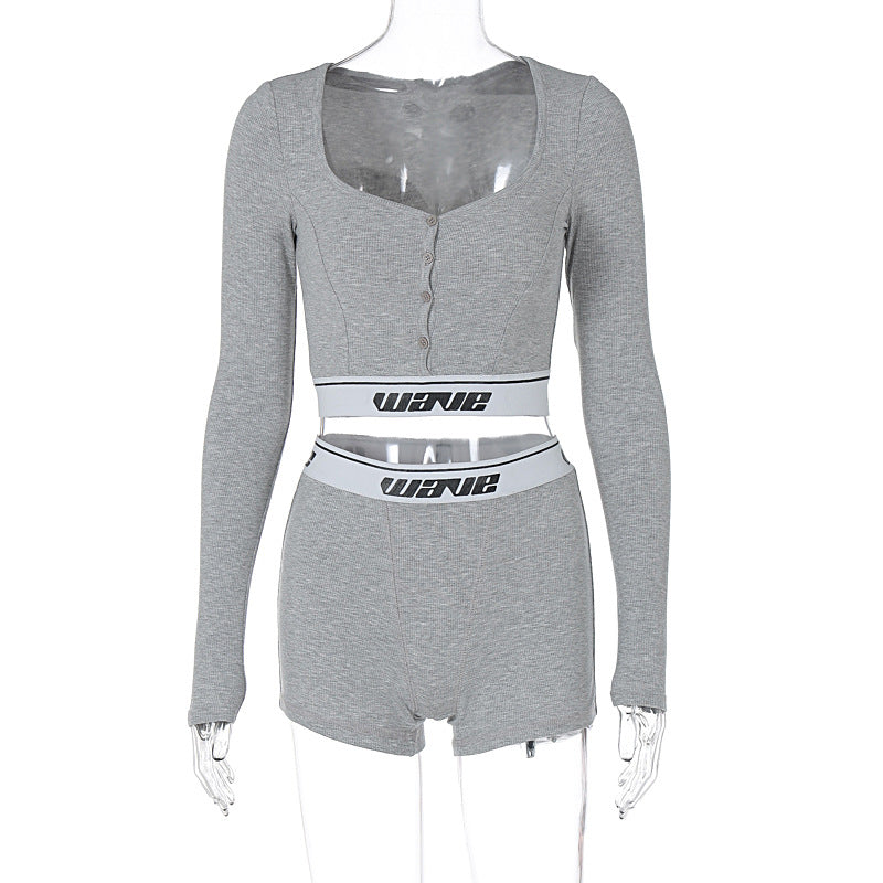 Clothing Tight Long Sleeves Cropped Shirt Top High Waist Shorts Sports Two Piece Seit