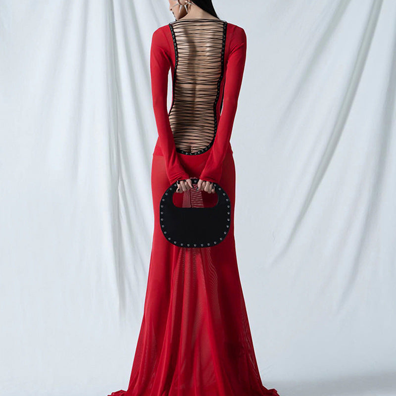 Backless Strappy Long-sleeved Extra-long Dress