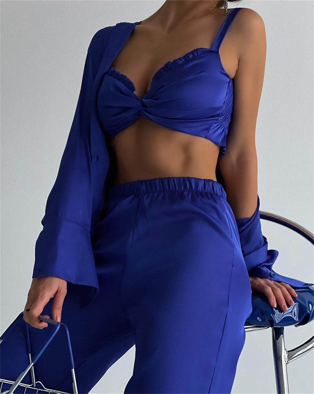 Spring Autumn Satin Three Piece Set Clothing Satin Wrapped Chest Vest Shirt Pants Set
