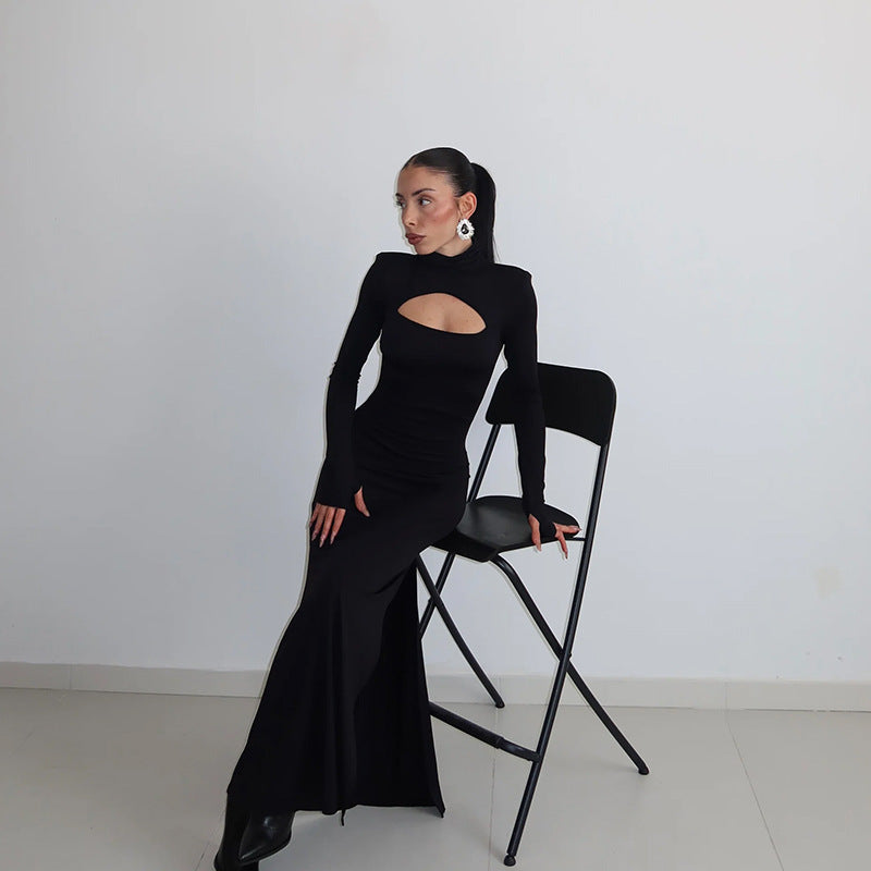 Autumn Winter Chest Hollow Out Cutout Out Long Sleeve Slim Fit Color Dress Maxi Dress