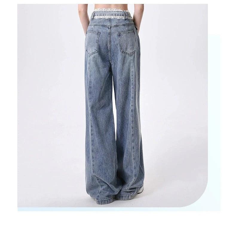 Rayohopp High-waisted Wide Leg Denim Jeans - Wash Pleated Palazzo Pants With Relaxed Fit