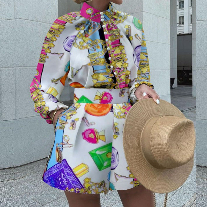 Autumn Winter Clothing Printed Long-sleeved Top Shorts Suit Two-piece Set
