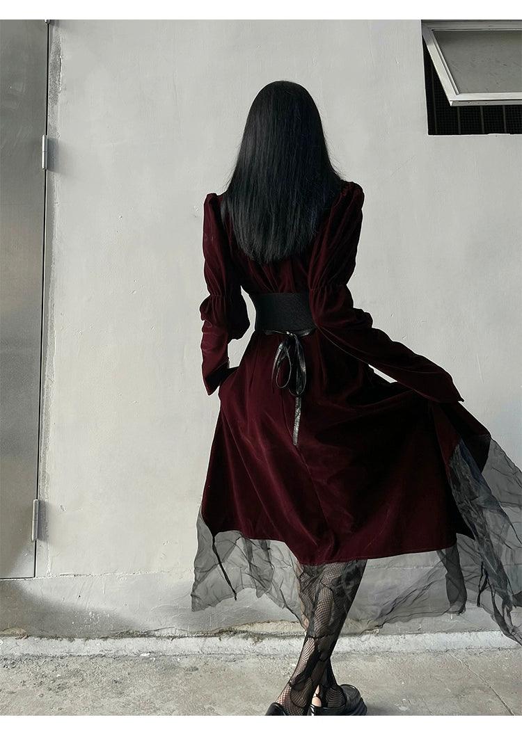 Ladyghost Gothic Victorian Maxi Dress - Burgundy Velvet and Black Mesh Layered Gown With Corset Belt