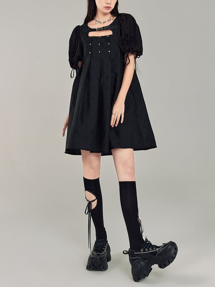 Black Leather Rivet Buckle Dress
